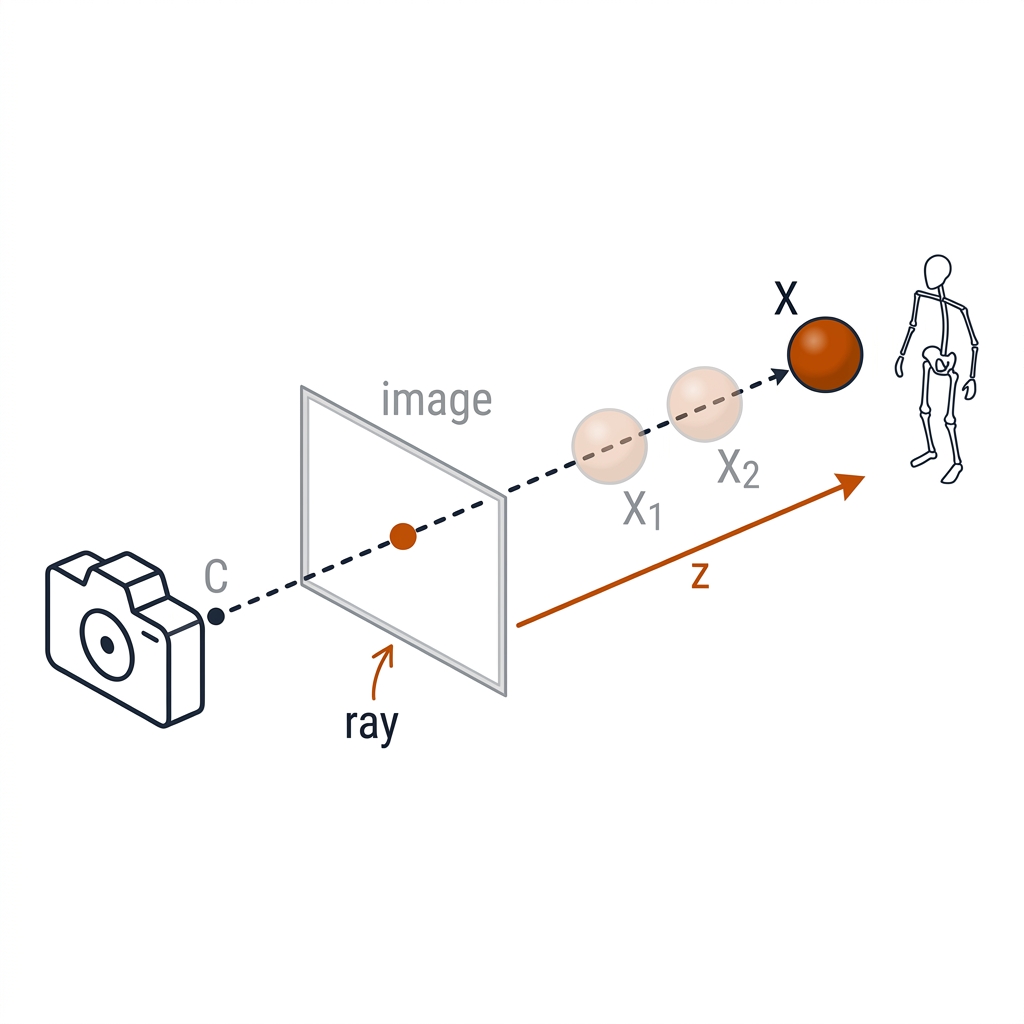 Pinhole camera geometry: optical centre C, ray through image point to 3D joint X, ghost joints X1 and X2 on the same ray showing depth ambiguity.