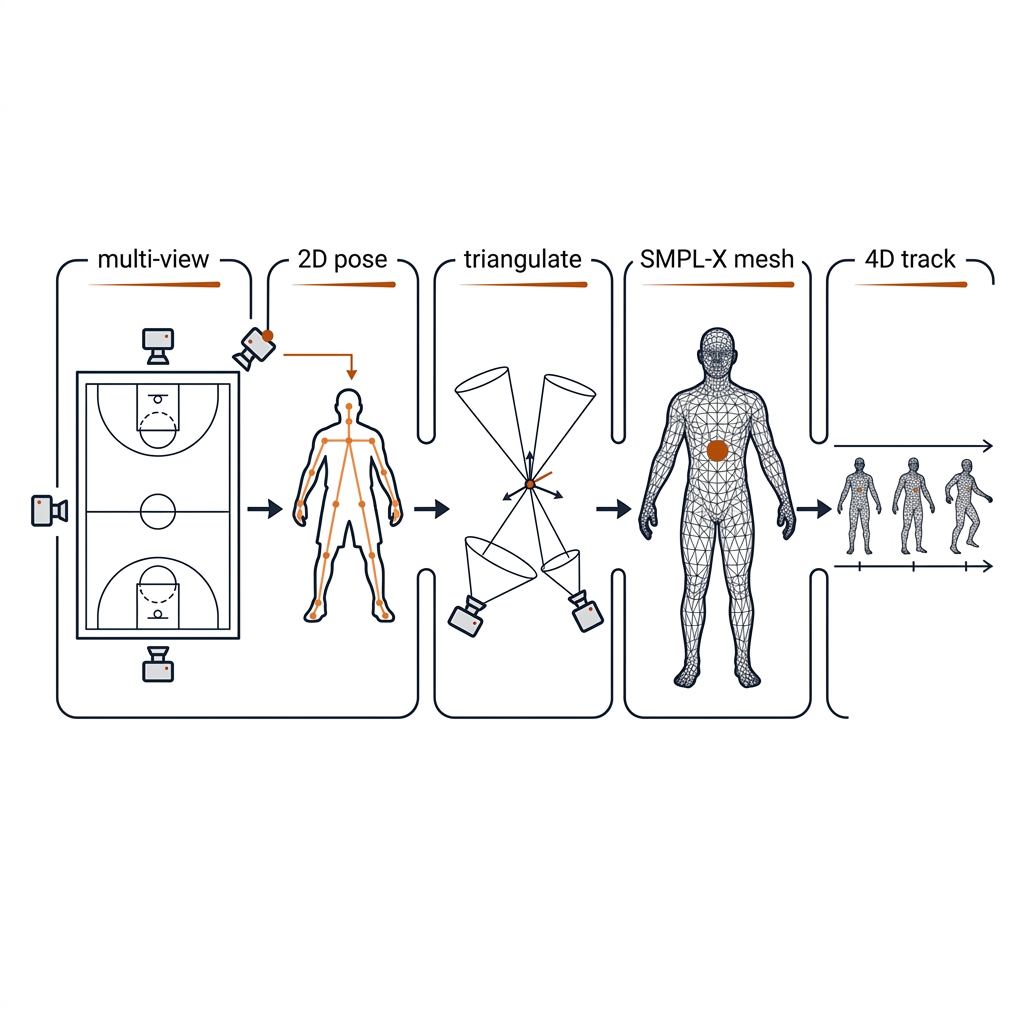 MAMMA pipeline: multi-view cameras around a court, per-view 2D pose, triangulation across view cones, SMPL-X mesh with centre-of-mass marker, 4D track timeline.