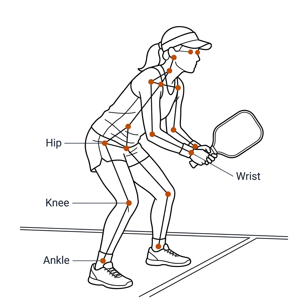 Pickleball player in dink-ready stance with 17-point COCO skeleton overlaid: burnt-orange joint dots at hip, knee, ankle, wrist connected by black stick lines.