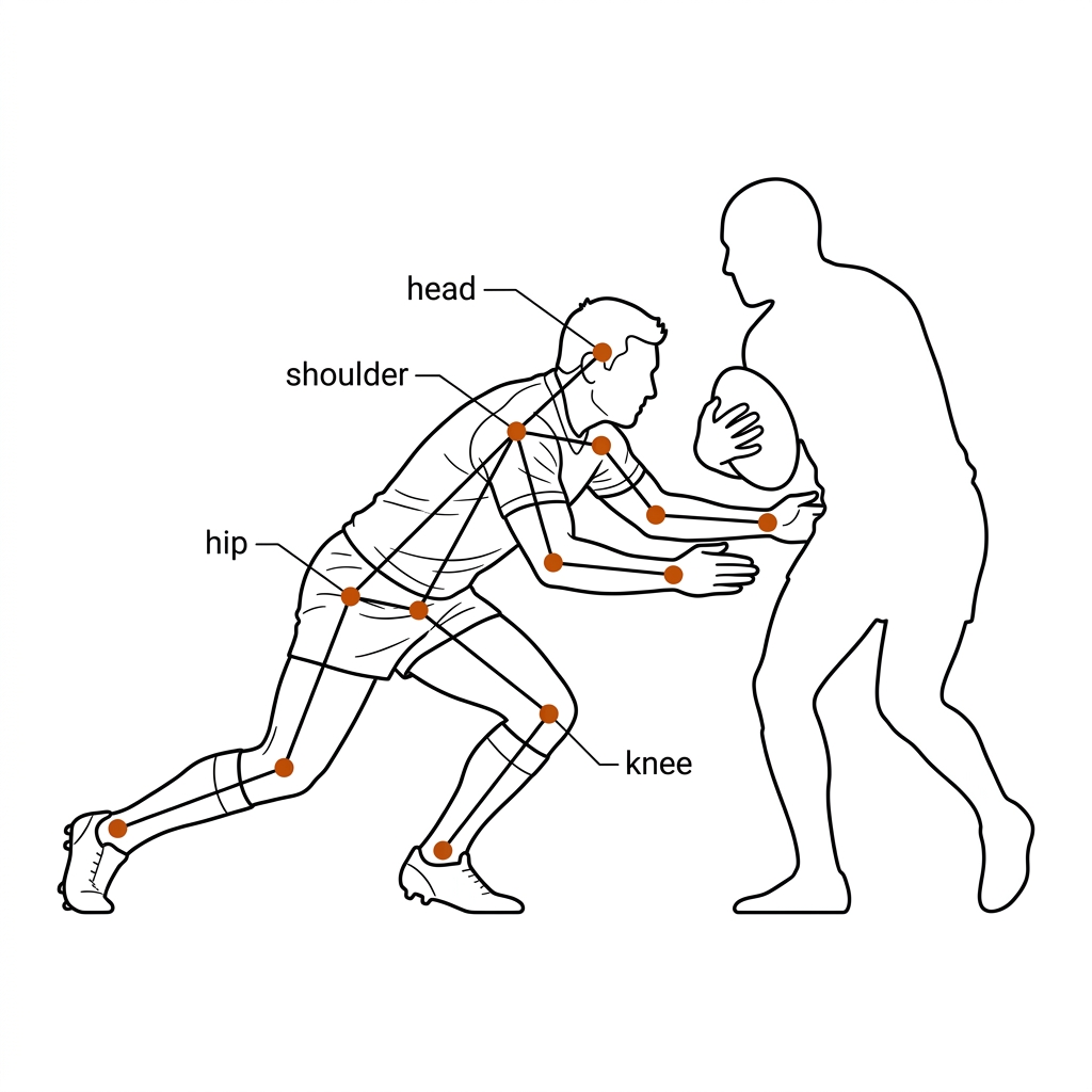 Rugby league defender in low tackle-entry posture with 17-point skeleton overlaid: burnt-orange dots at head, shoulder, hip, knee; ball carrier silhouette facing the tackler.
