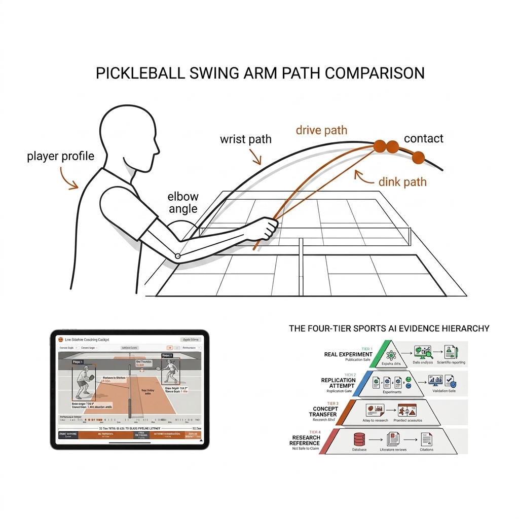 Two pickleball wrist trajectory arcs on a court diagram, a low-to-high dink path and a long drive path, with elbow angle annotation and contact point dots.