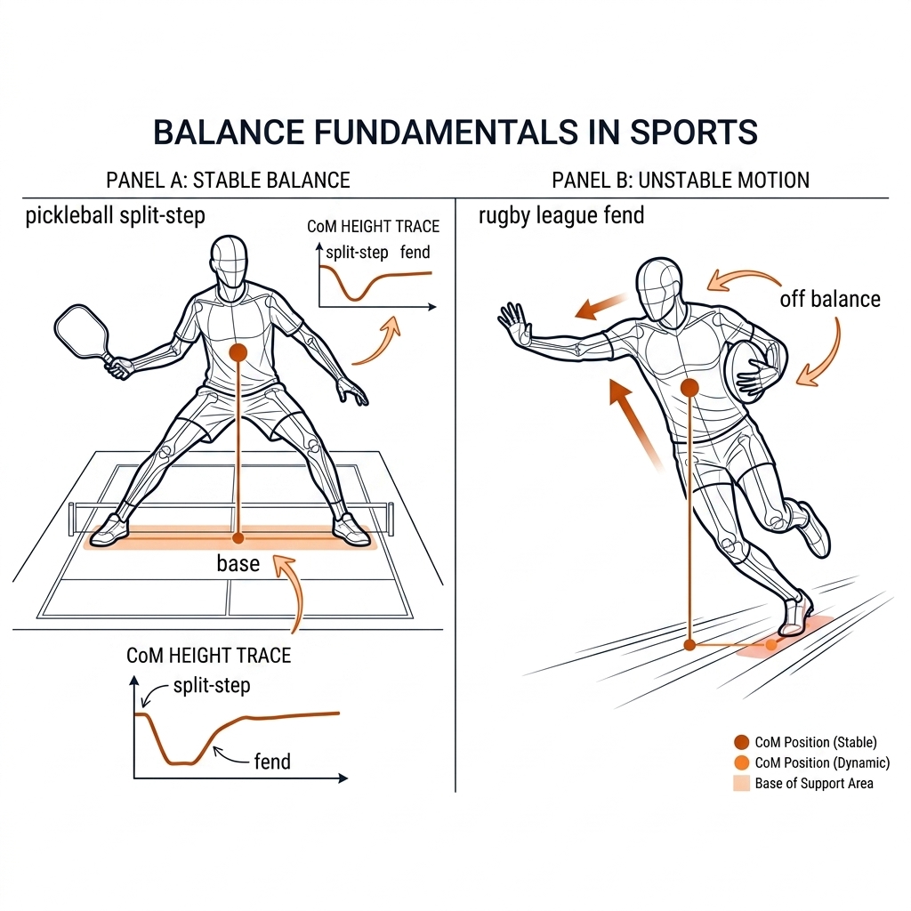 Two panels: pickleball split-step with centre-of-mass dot and height trace dropping, and rugby league ball carrier with centre of mass outside the base of support during a fend.