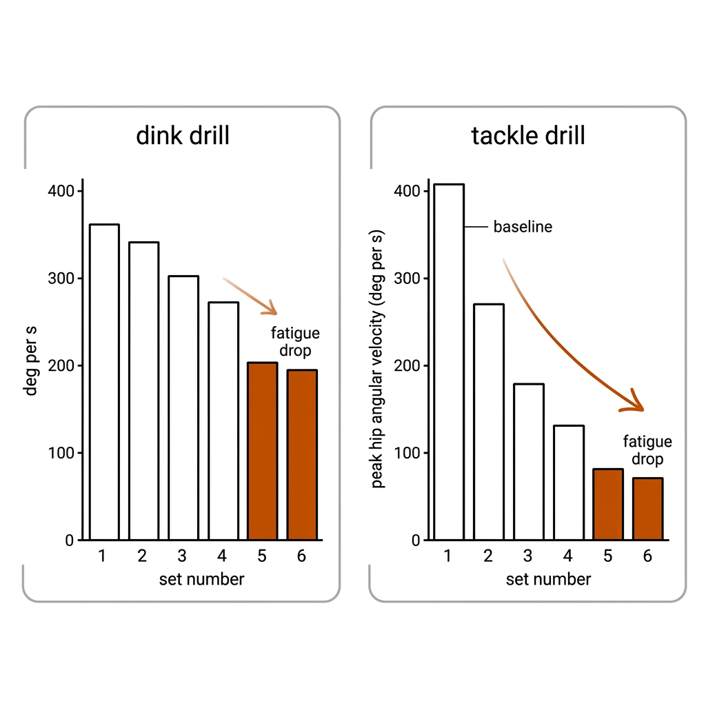 Two-panel bar chart of peak joint angular velocity declining across drill sets for a pickleball dink drill and a rugby league tackle drill, with the fatigued final sets highlighted.