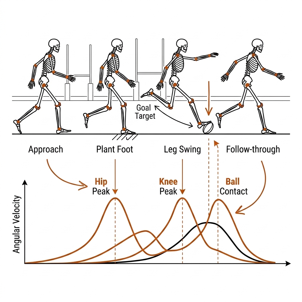 Rugby league conversion kick in four skeleton phases from approach to follow-through, with a hip-knee-ankle angular velocity sequence curve below.