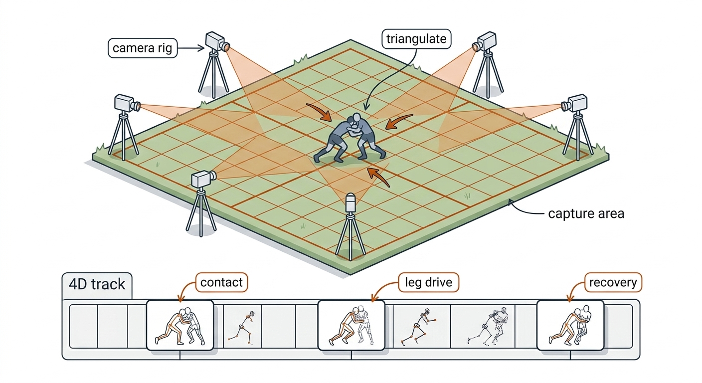 Four cameras on tripods around a calibrated grid capturing a rugby league tackle drill, with a 4D track timeline of mesh thumbnails below.
