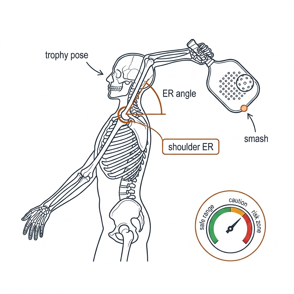 Pickleball overhead smash at trophy pose with shoulder external rotation arc and a small safe-range versus risk-zone gauge.