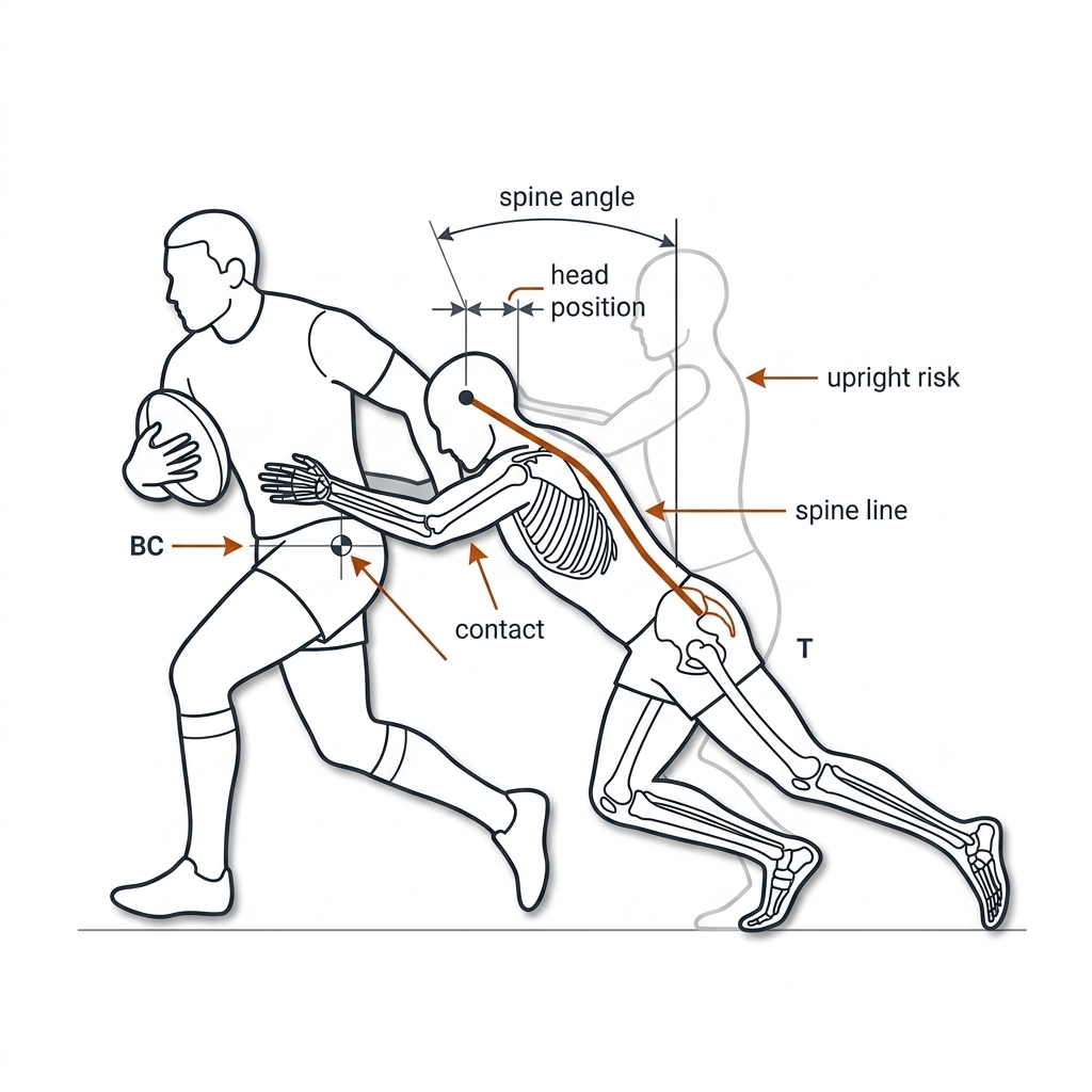 Side view of a rugby league tackle with the tackler spine segment line, angle arc against vertical, and head position relative to the ball carrier hip.
