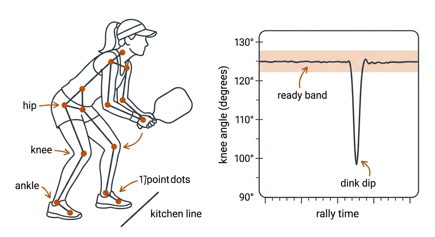 Pickleball player skeleton in ready stance at the kitchen line beside a knee-flexion waveform with a shaded ready band and a dip at dink contact.