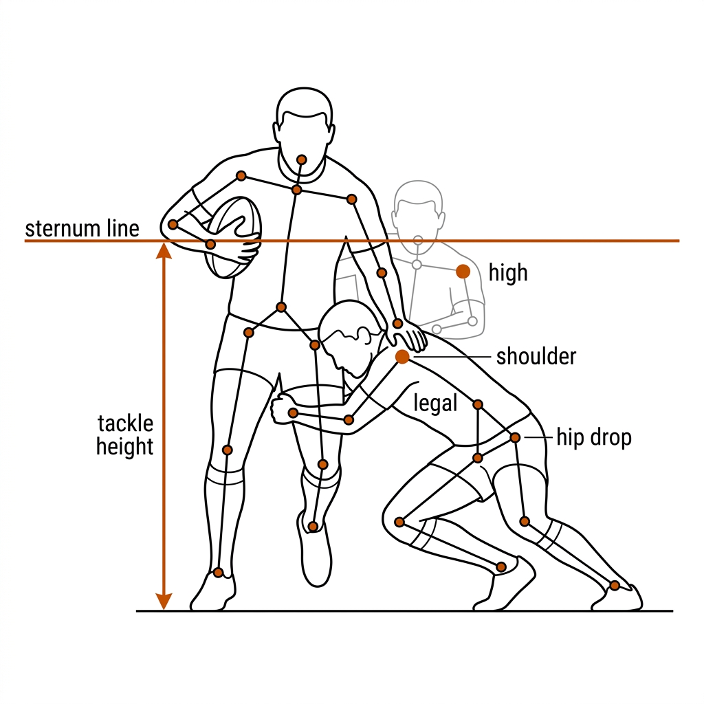 Rugby league tackle with skeleton overlays, sternum reference line on the ball carrier, and the tackler shoulder keypoint below the line.