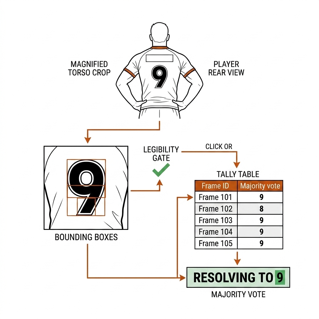 Rugby league jersey number OCR pipeline: rear view of player wearing number 9, magnified torso crop with digit boxes, legibility gate, tracklet majority vote tally.
