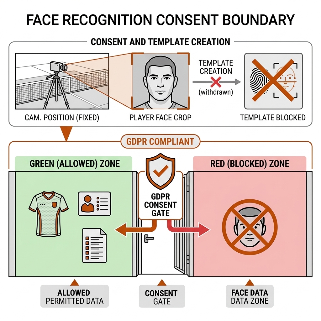 Face recognition consent boundary at a pickleball court: sideline camera, crossed-out biometric template, consent shield, green zone of allowed signals separated from red zone.