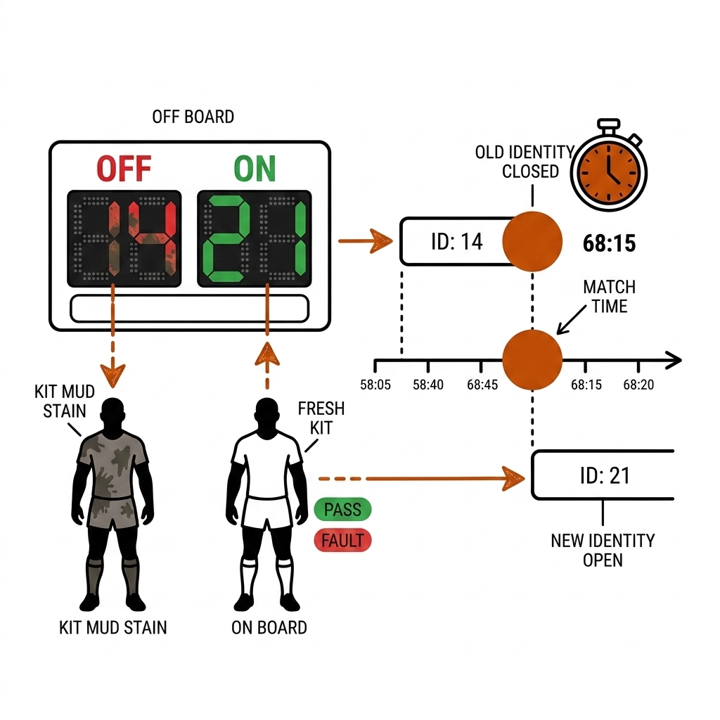 Kit change identity handling: rugby interchange board, player leaving in stained kit and fresh player entering, registry interval closing and reopening, clock icon.