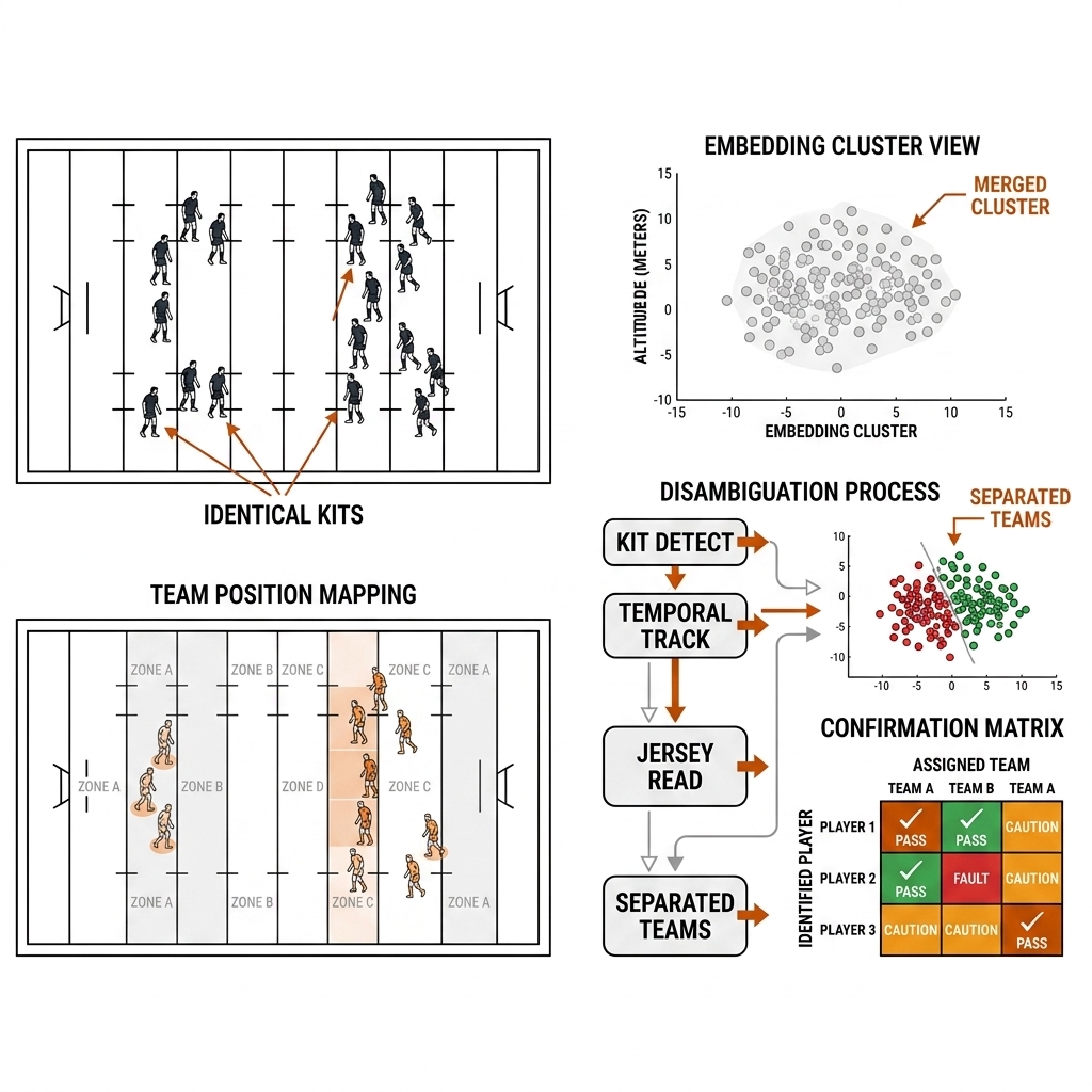 Same-kit disambiguation in rugby league: two teams in identical dark jerseys, merged embedding cluster panel, jersey reads and position zones separating players, assignment matrix.