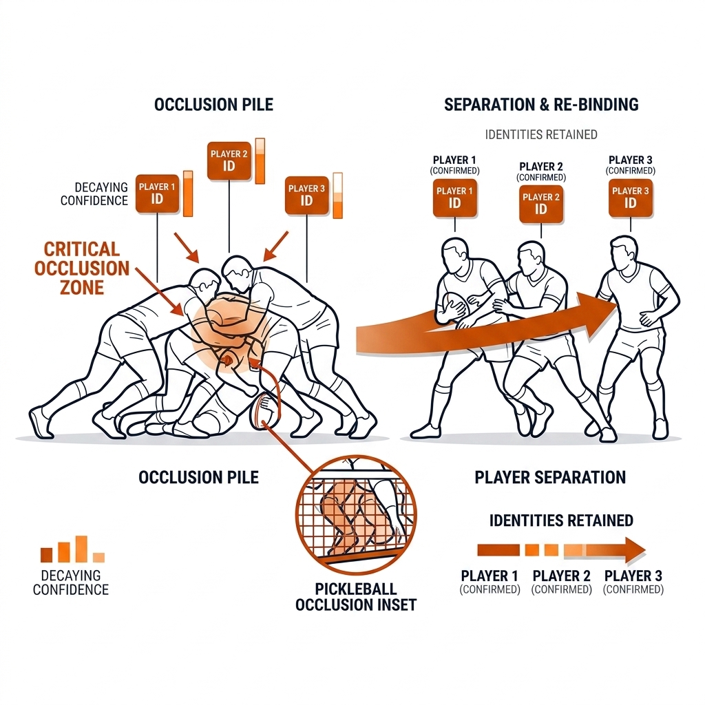 Occlusion identity retention: rugby ruck pile with overlapping players, suspended identity tokens with decaying confidence bars, pickleball net inset, re-binding arrow.