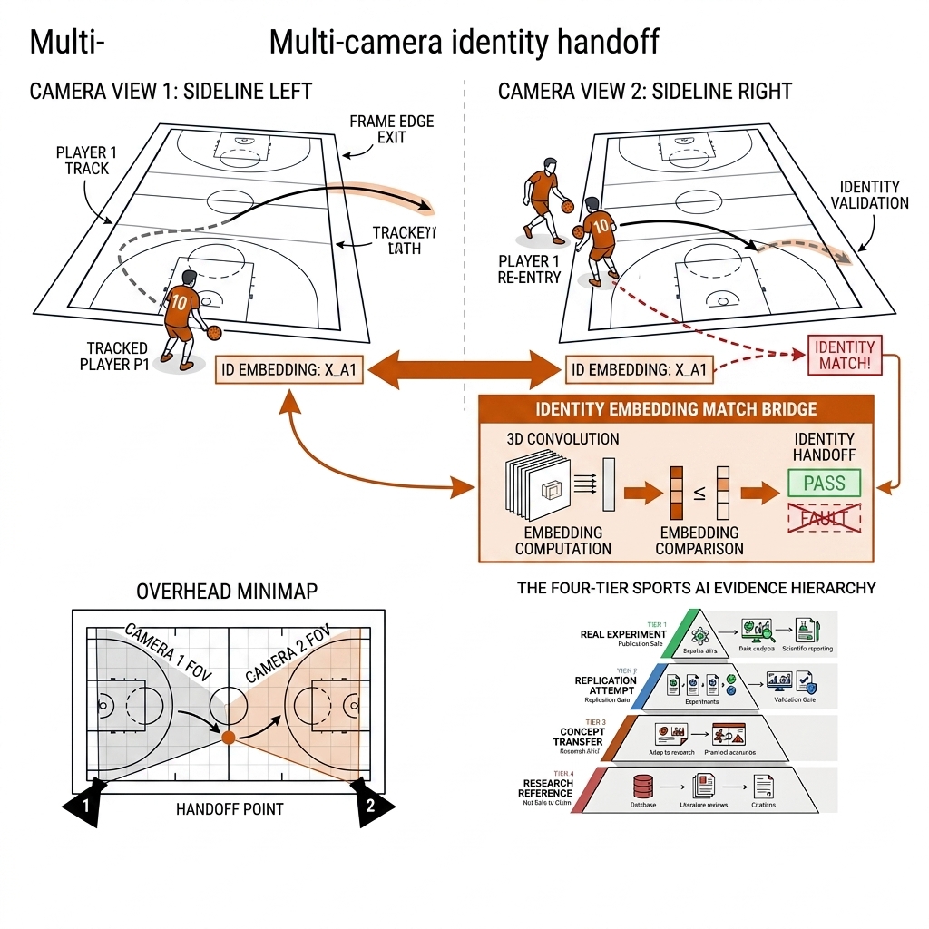 Multi-camera identity handoff: two camera views of a court, track leaving one frame and entering the other, embedding match bridge, overhead minimap with camera cones.