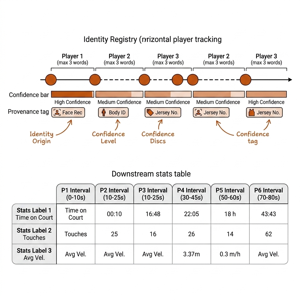 Identity registry table: track timeline with intervals mapped to names, confidence bars, provenance tags, binding discs and dashed propagation, downstream stats join.