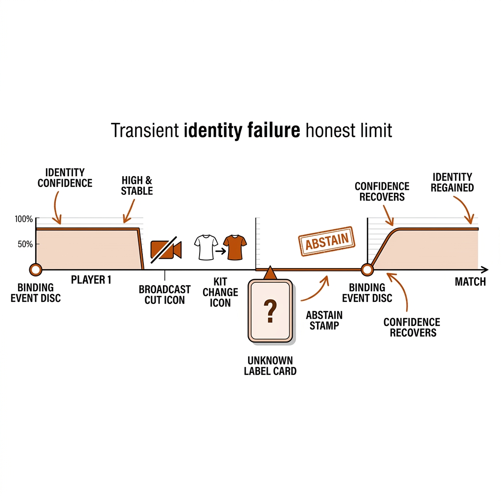 Transient identity failure: timeline where confidence collapses after a broadcast cut and kit change, unknown label card, abstain stamp, recovery at next binding event.
