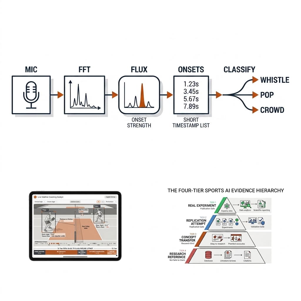 Audio event detector pipeline: microphone to FFT to spectral-flux onset curve to onset timestamp list to classifier branching to whistle, pop, crowd.