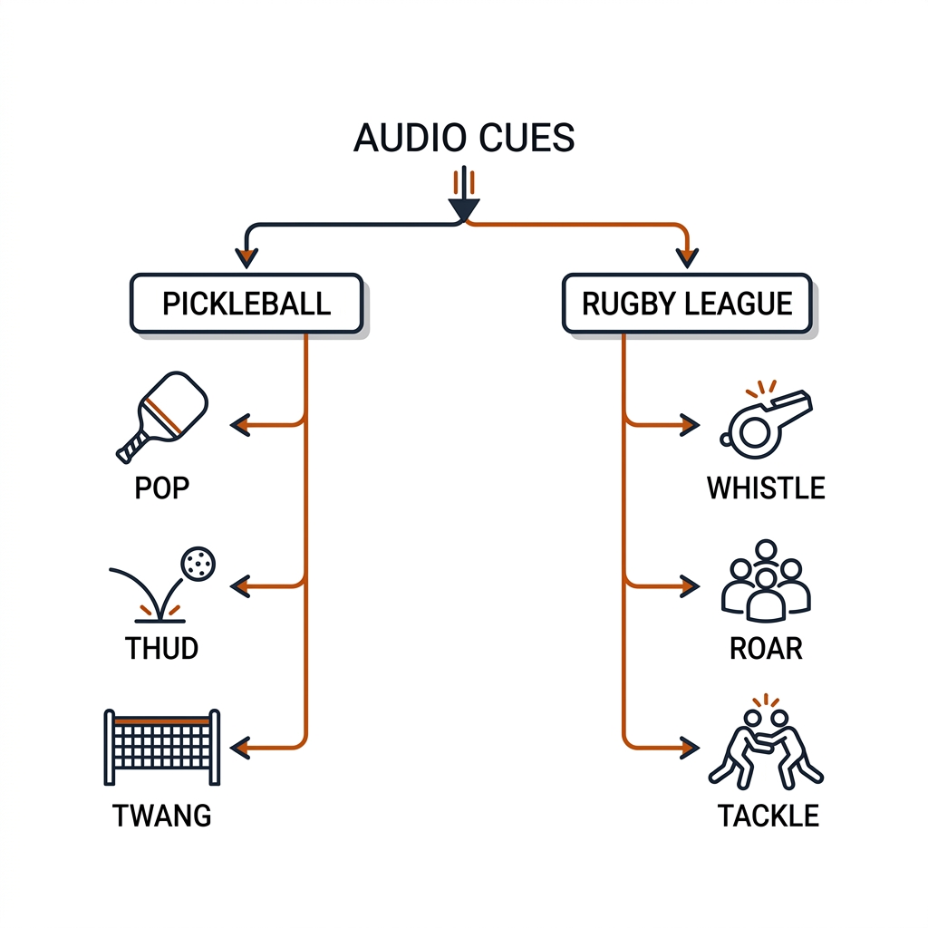 Audio cue taxonomy tree with two branches: pickleball (pop, thud, twang) and rugby league (whistle, roar, tackle), each leaf with a line icon.
