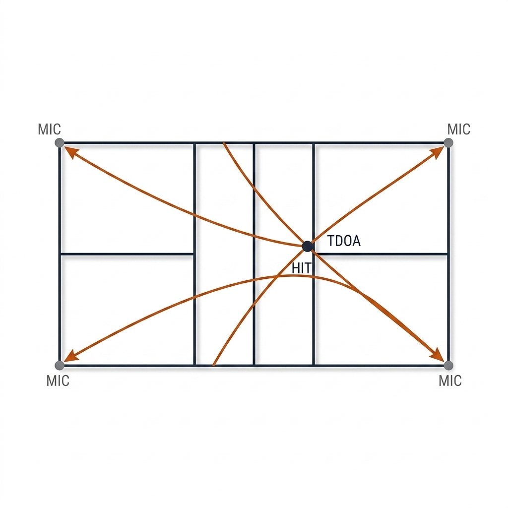 Overhead pickleball court with four corner microphones, an impact point near the kitchen line, and intersecting TDoA hyperbola arcs.