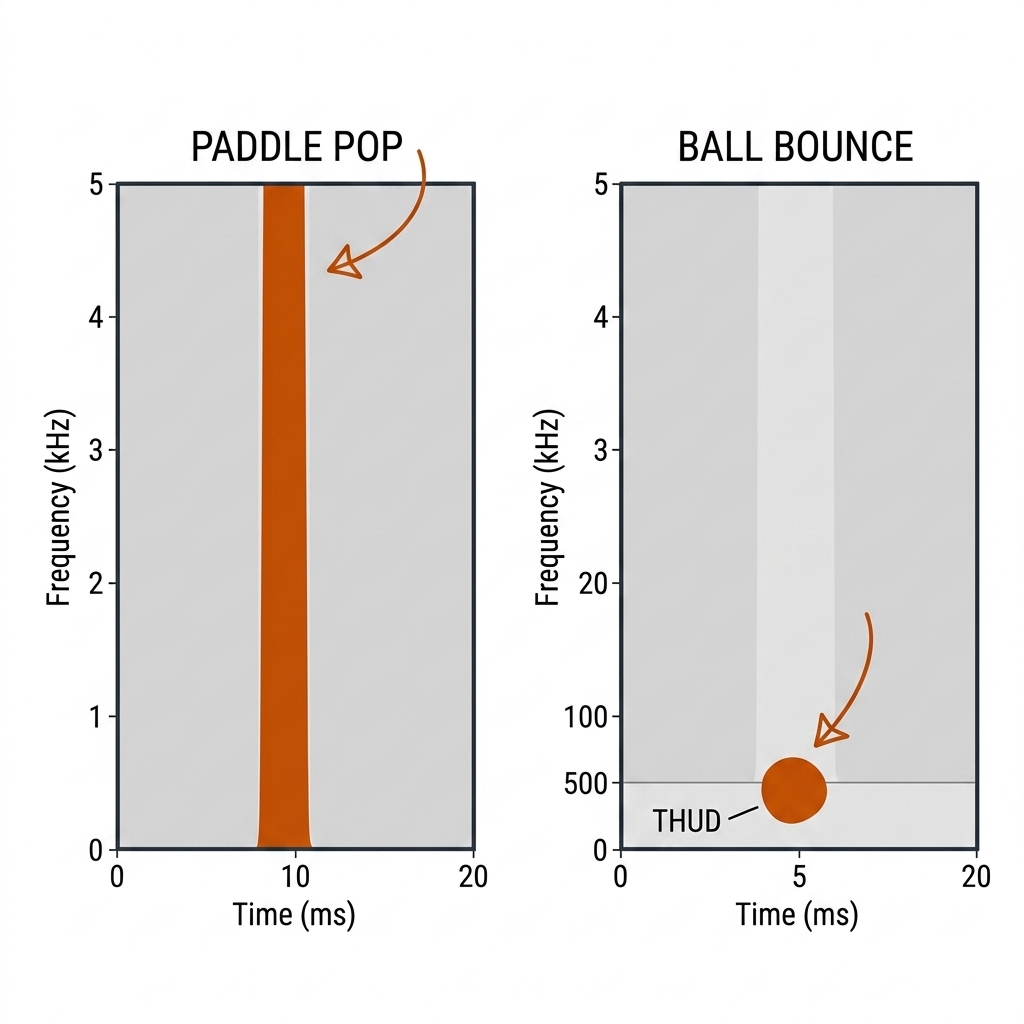 Two spectrogram panels: paddle pop shown as a tall broadband vertical stripe; ball bounce shown as a low-frequency blob labeled thud.