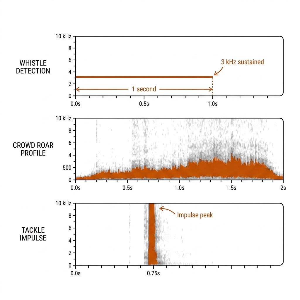 Three stacked spectrogram strips for rugby league: whistle as a sustained narrowband line near 3kHz, crowd roar as a swelling low-frequency band, tackle as a single short broadband stripe.
