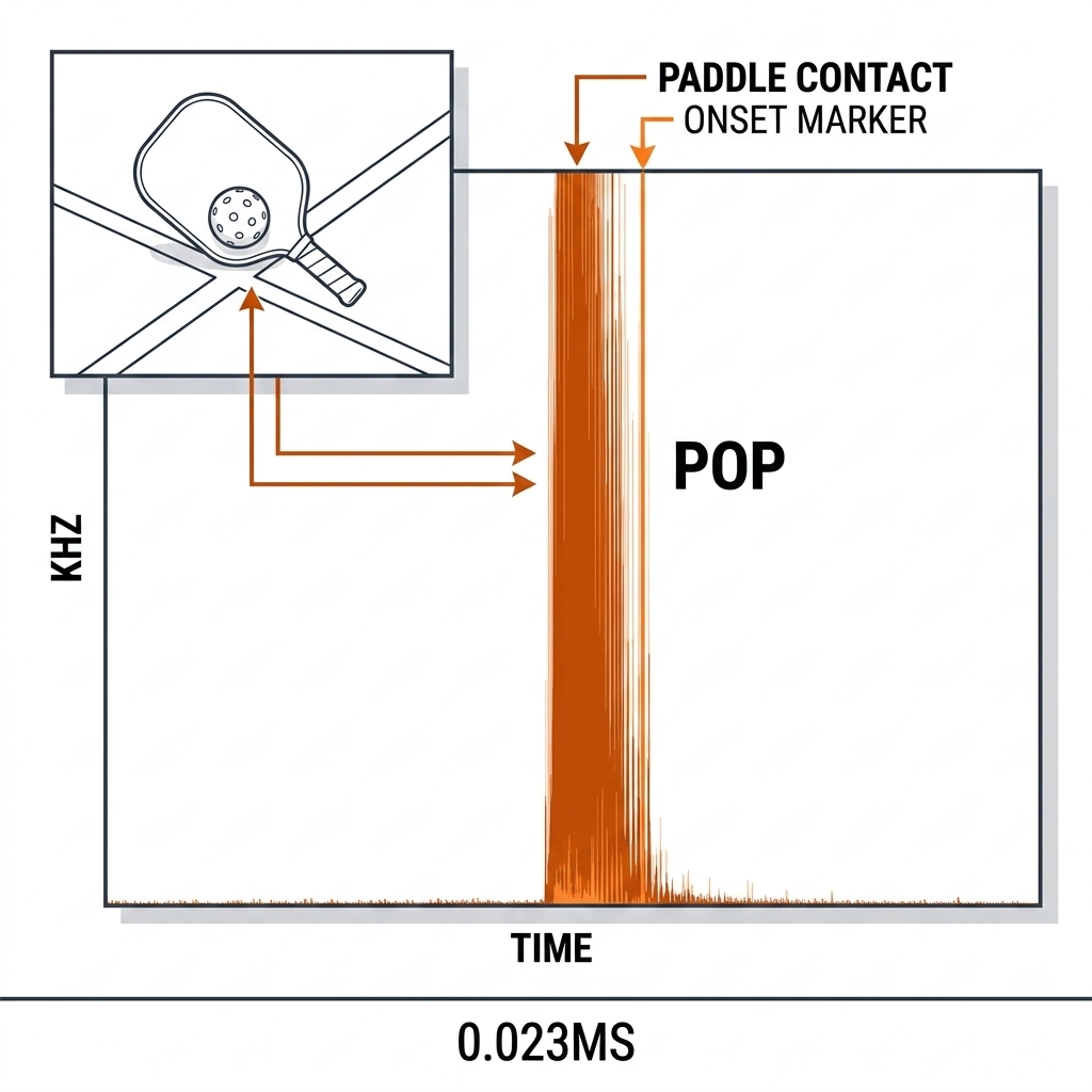 Annotated spectrogram of a pickleball paddle pop: one tall broadband vertical stripe labeled POP with an orange onset marker, paddle-and-ball inset at the kitchen line.
