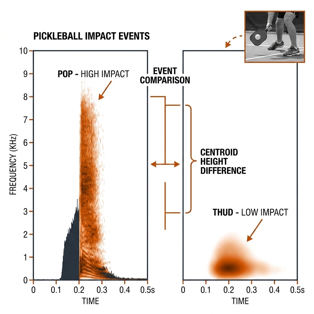 Two spectrogram panels side by side: a tall broadband POP stripe and a low soft THUD blob, with an orange centroid bracket between them and a bouncing wiffle ball inset.