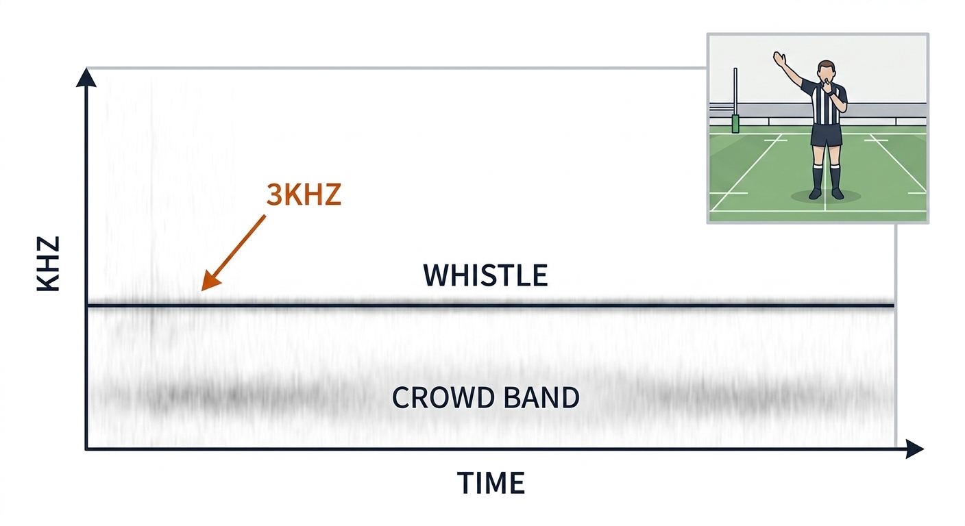 Spectrogram of a referee whistle: a sustained narrowband horizontal line labeled WHISTLE above a fuzzy crowd band, with a referee arm-signal inset.