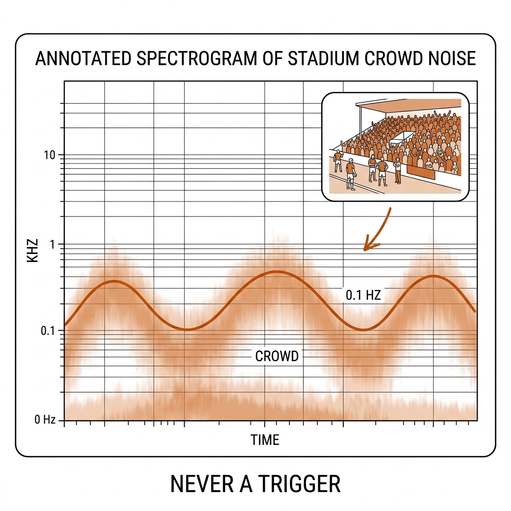 Spectrogram of crowd noise: a slowly swelling low-frequency broadband bed labeled CROWD with an orange 0.1Hz envelope curve and a grandstand inset.