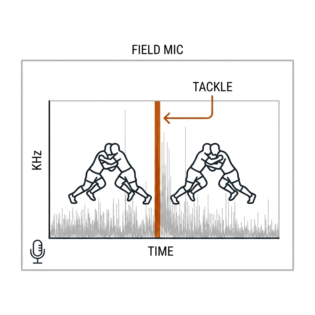 Spectrogram of a tackle impact on a field microphone: one short broadband stripe labeled TACKLE between two colliding player silhouettes, with a sideline microphone inset.