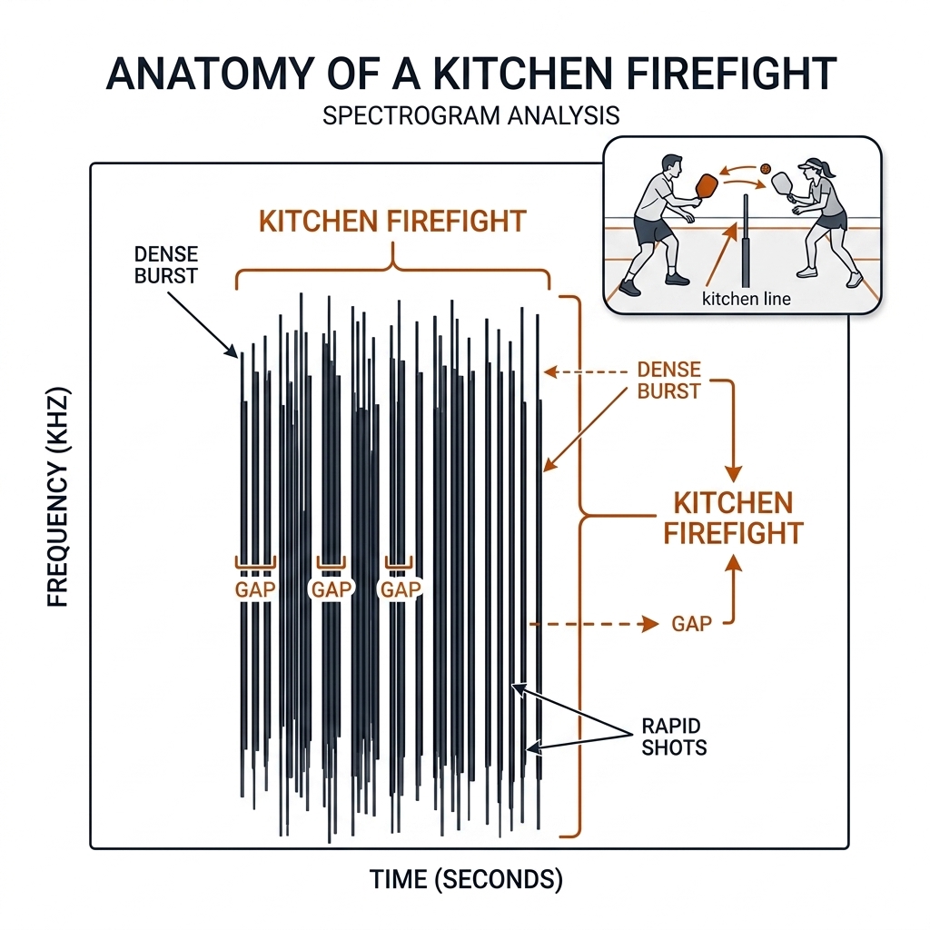 Spectrogram of a kitchen firefight: a dense cluster of rapid vertical stripes labeled FIREFIGHT with orange inter-onset gap brackets and a two-player volley inset.