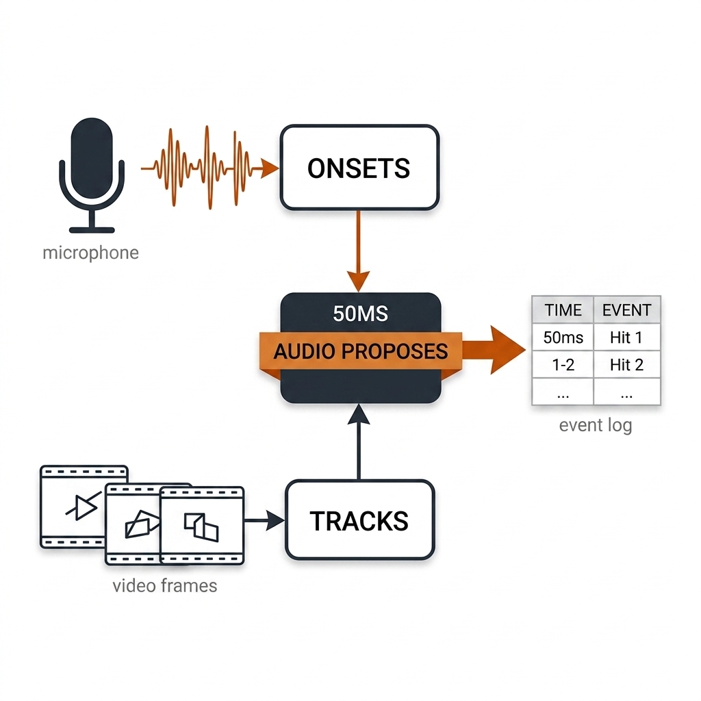 Two-lane fusion diagram: microphone to onset detector in the upper lane, video frames to tracks in the lower lane, meeting at a 50ms junction box feeding an event log.