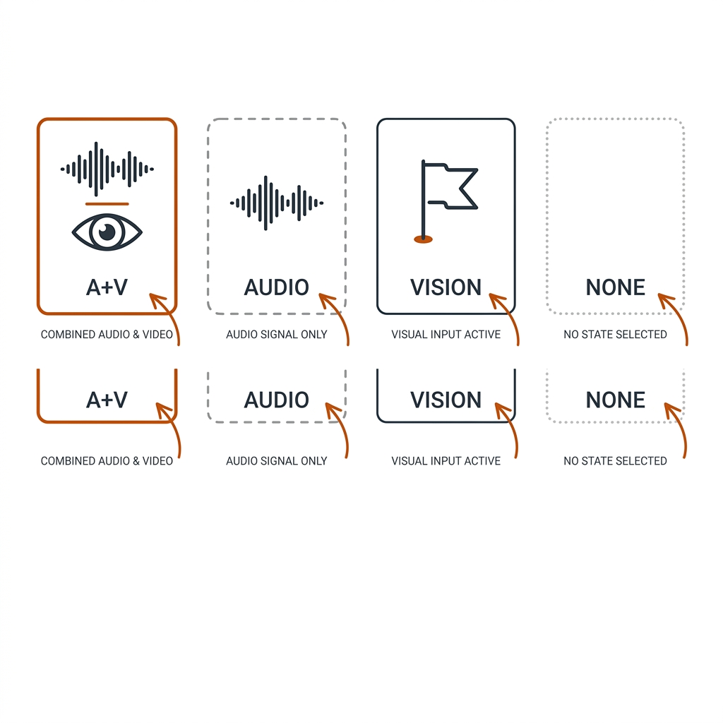 Four confidence state cards in a row: A+V solid border with waveform and eye, AUDIO dashed, VISION with a flag, NONE dotted and empty.