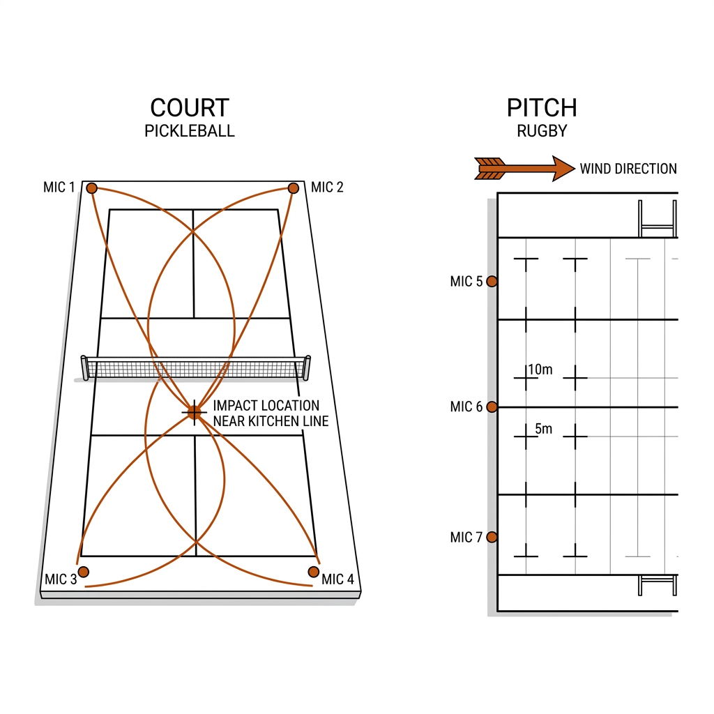 Overhead split diagram: a pickleball court with four corner microphones and TDoA arcs localizing one impact near the kitchen line, beside a rugby pitch with three sideline microphones and a wind arrow.