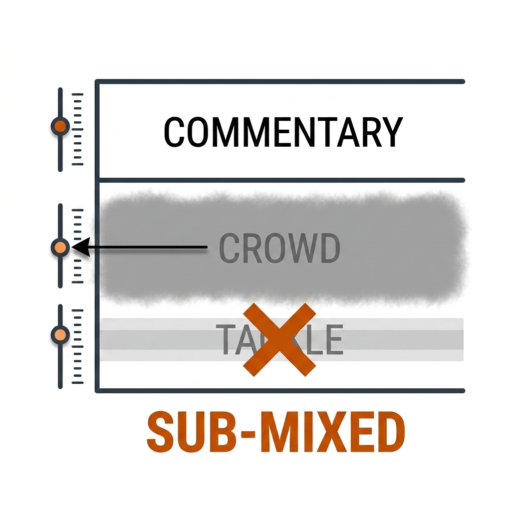 Layered broadcast mix diagram: a thick COMMENTARY band on top, a wide fuzzy CROWD bed in the middle, and a thin faint TACKLE stripe partially hidden underneath with an orange marker.