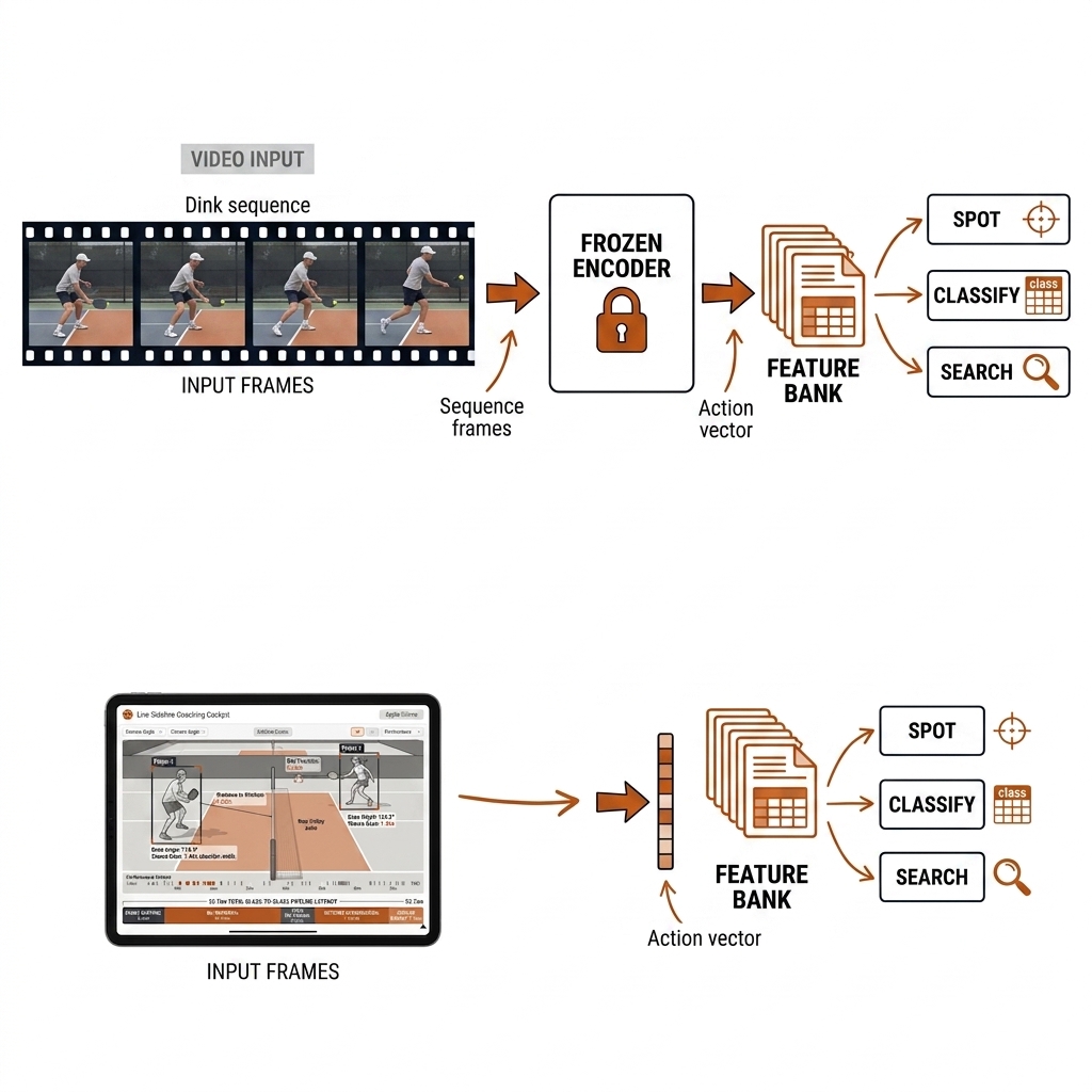 Action recognition pipeline: a strip of video frames feeds a frozen encoder, then a feature bank, then three small heads for spotting, classification, and retrieval.