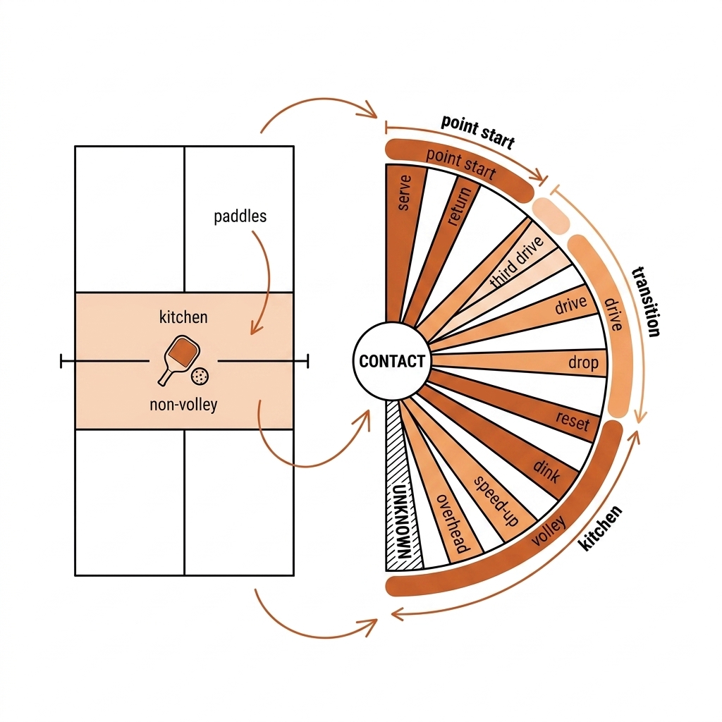 Pickleball action taxonomy: twelve spokes grouped by phase around a central contact hub, with an unknown hatched segment.