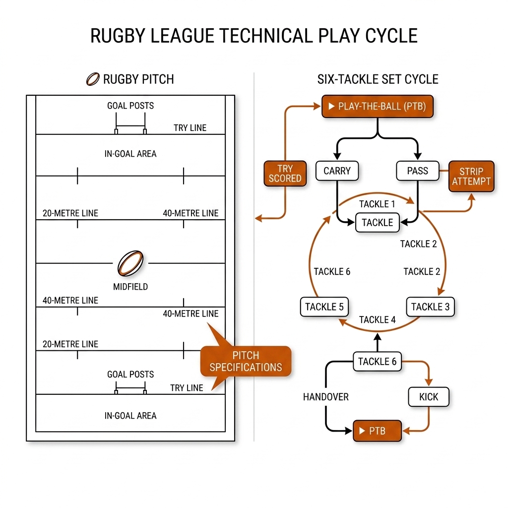 Rugby league action taxonomy: a six-tackle cycle from PTB through carry, pass, tackle, and kick on the sixth tackle.