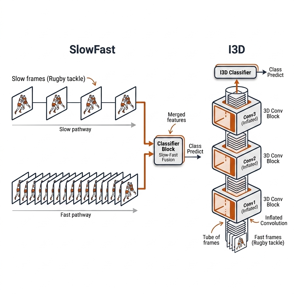 I3D inflated 3D convolutions and SlowFast dual-pathway architecture side by side.