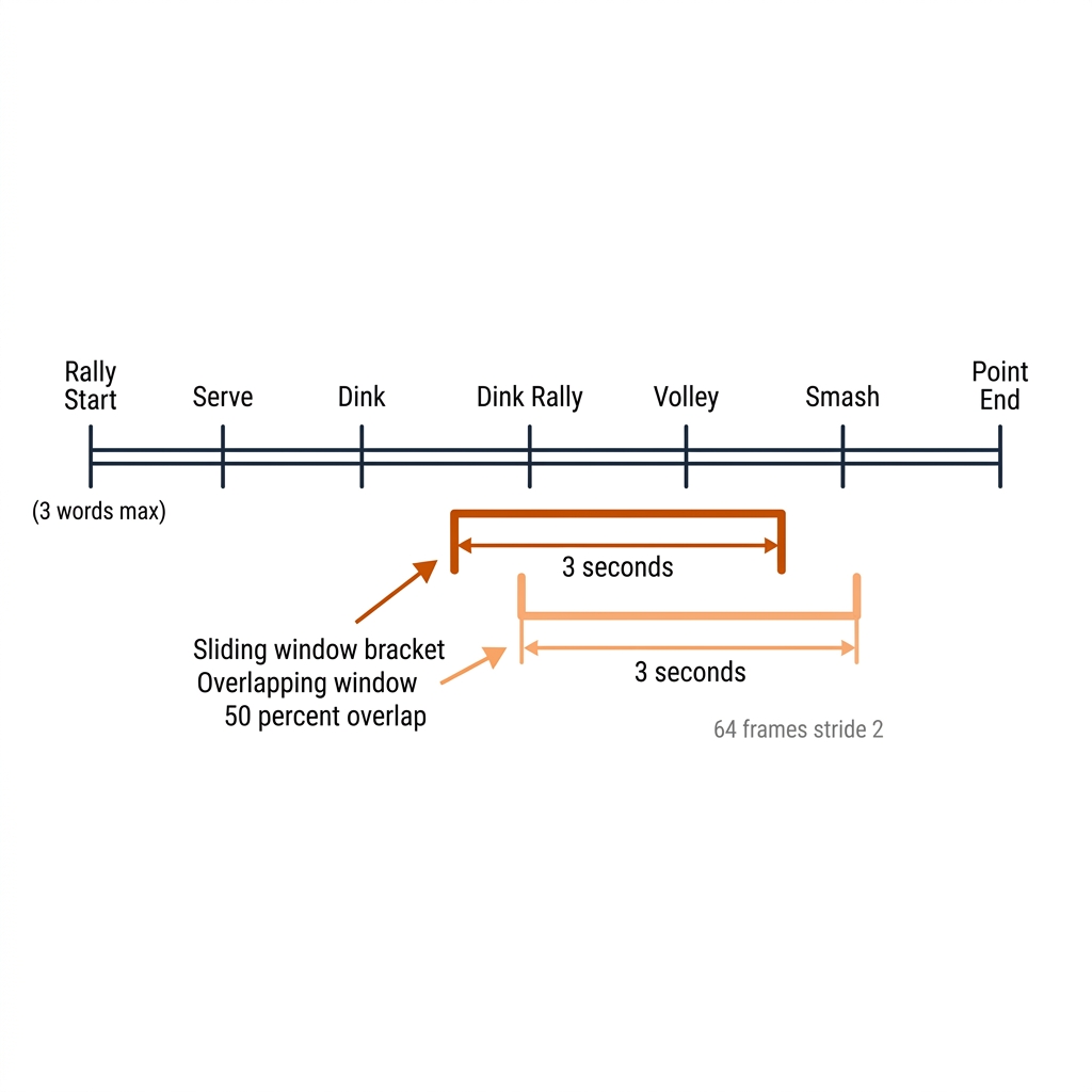 A timeline of a pickleball rally with sliding windows highlighting a 2-4 second span around a volley contact.
