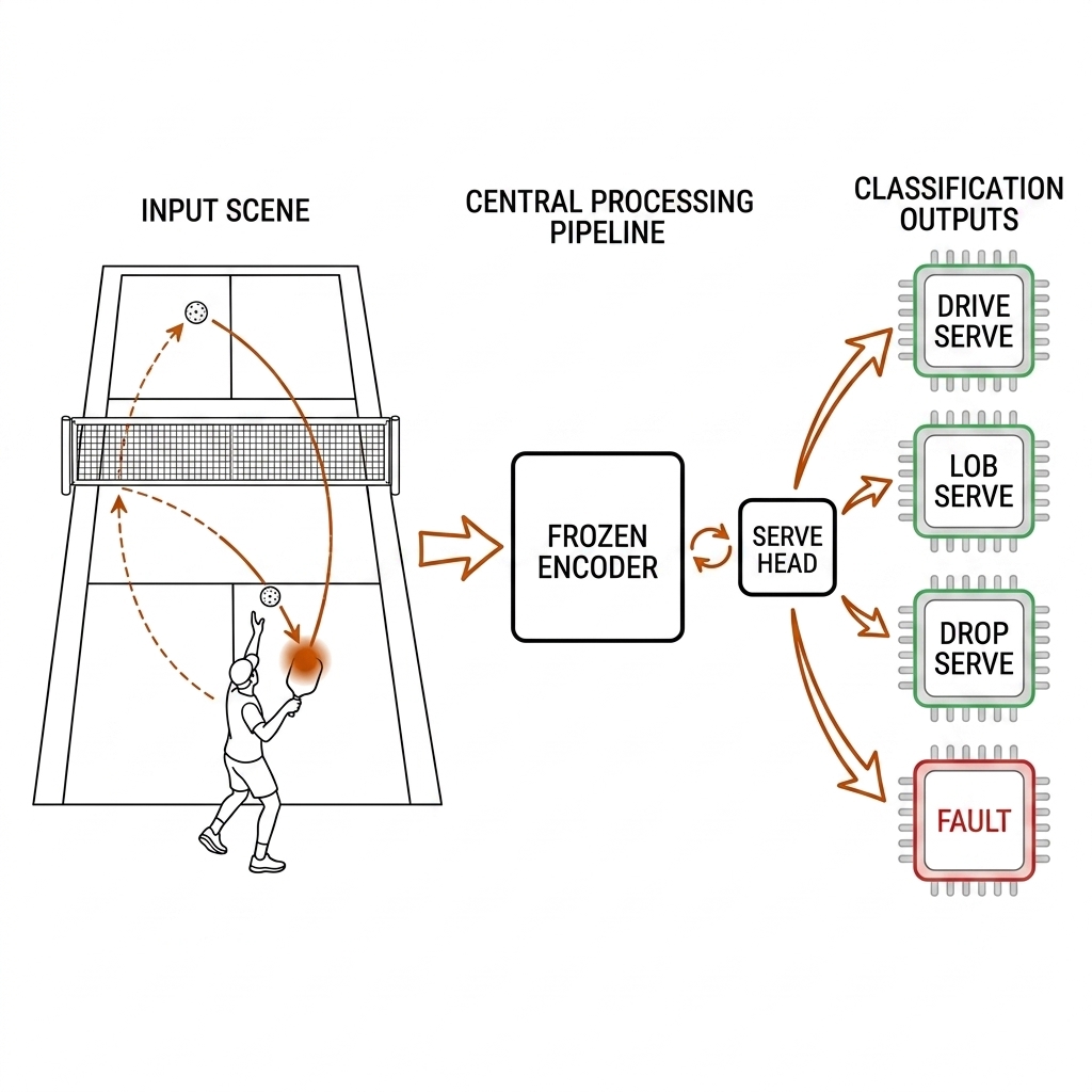 Pickleball serve classification pipeline from contact-anchored clip through frozen encoder and probe head to serve-type and fault outputs.