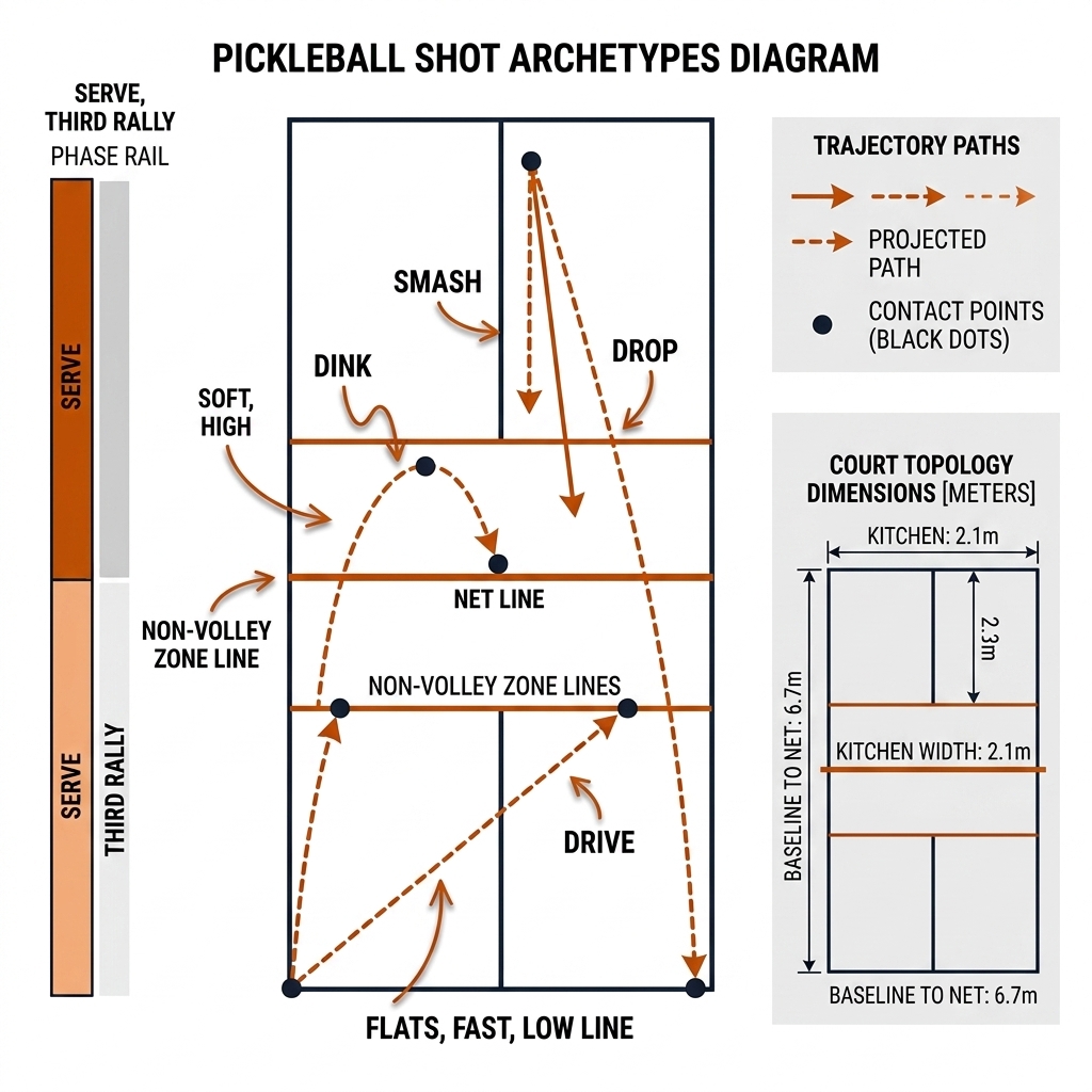 Pickleball court with four shot archetype trajectories: flat drive, soft dink at the kitchen line, arcing drop from baseline, steep smash.