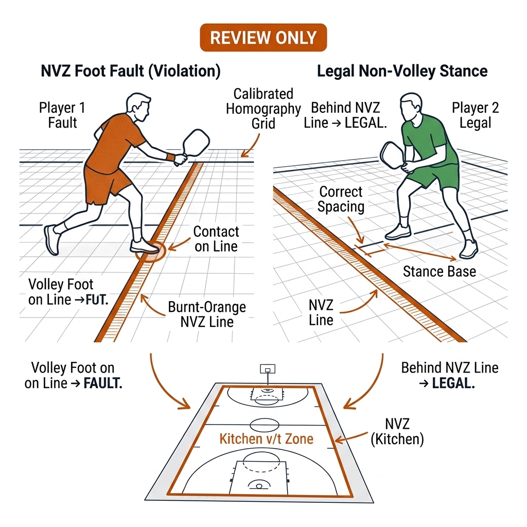 Pickleball non-volley zone close-up with a foot on the kitchen line during a volley, homography grid overlay, and a review-only badge.