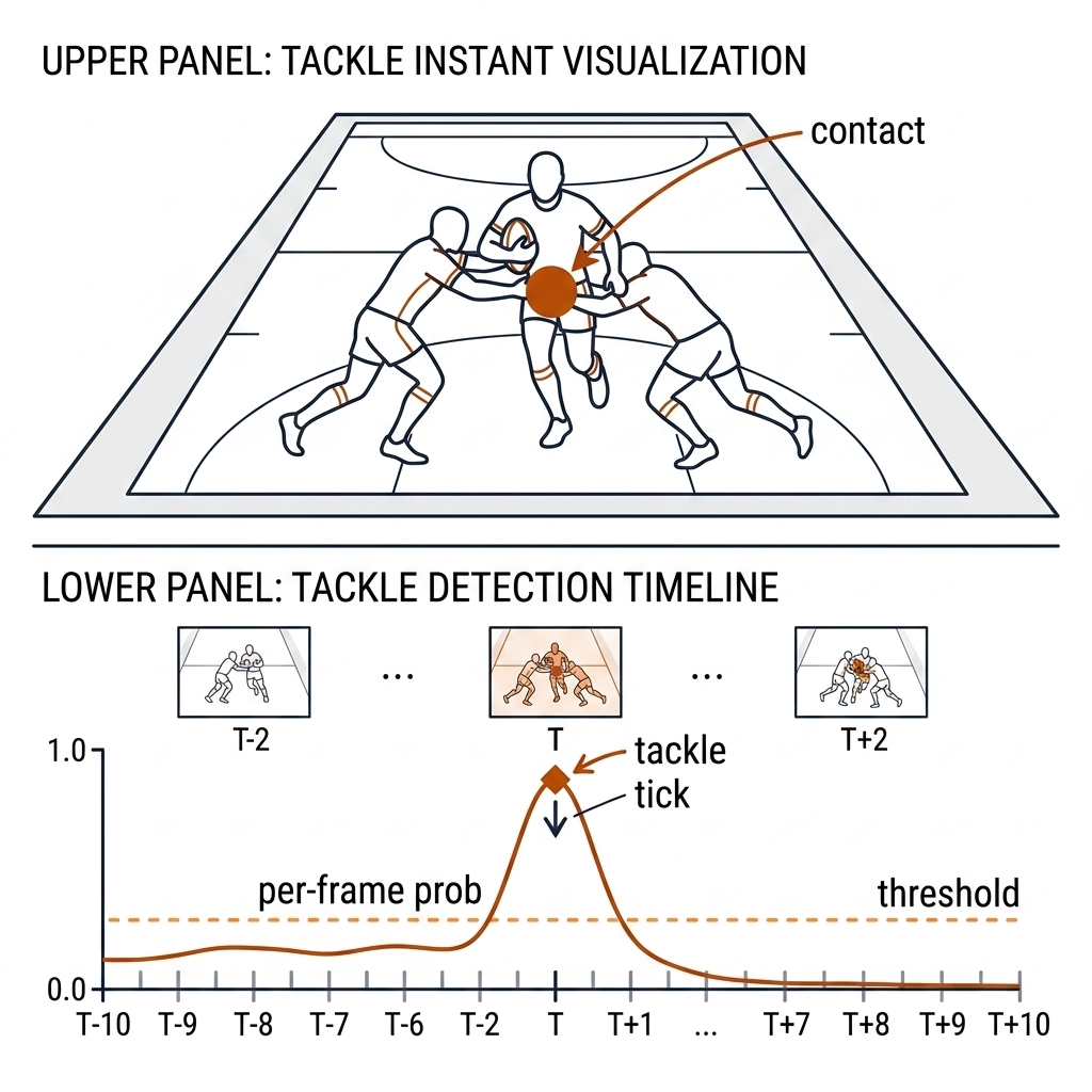 Rugby league tackle detection: ball-carrier tackled by two defenders above a per-frame probability timeline peaking at the contact instant.