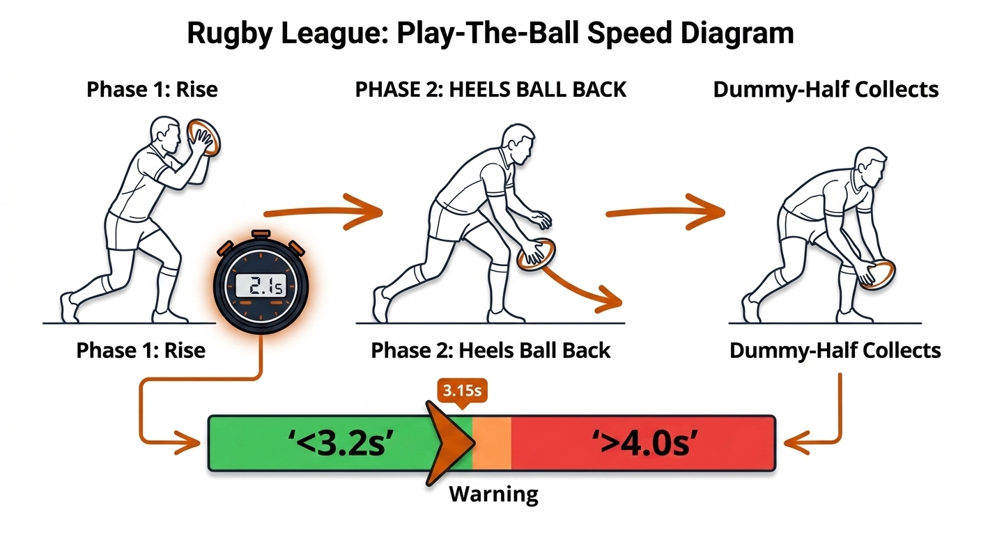 Rugby league play-the-ball speed: three-phase sequence of carrier rising, heeling the ball, dummy-half collecting, with a band gauge from green under 3.2 seconds to red over 4.0 seconds.