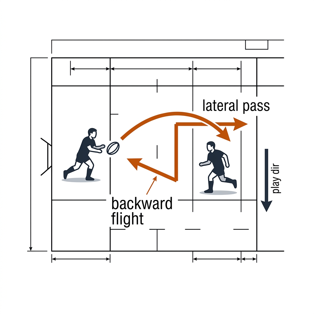 Rugby league pass detection: top-down pitch with a lateral backward pass arc and velocity vector decomposition against the play direction.