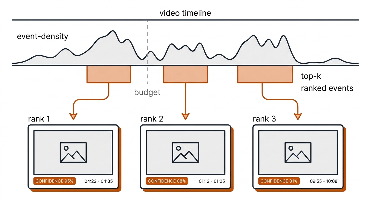 Highlight extraction: a match timeline with an event-density curve, selected highlight windows, and ranked clip cards.