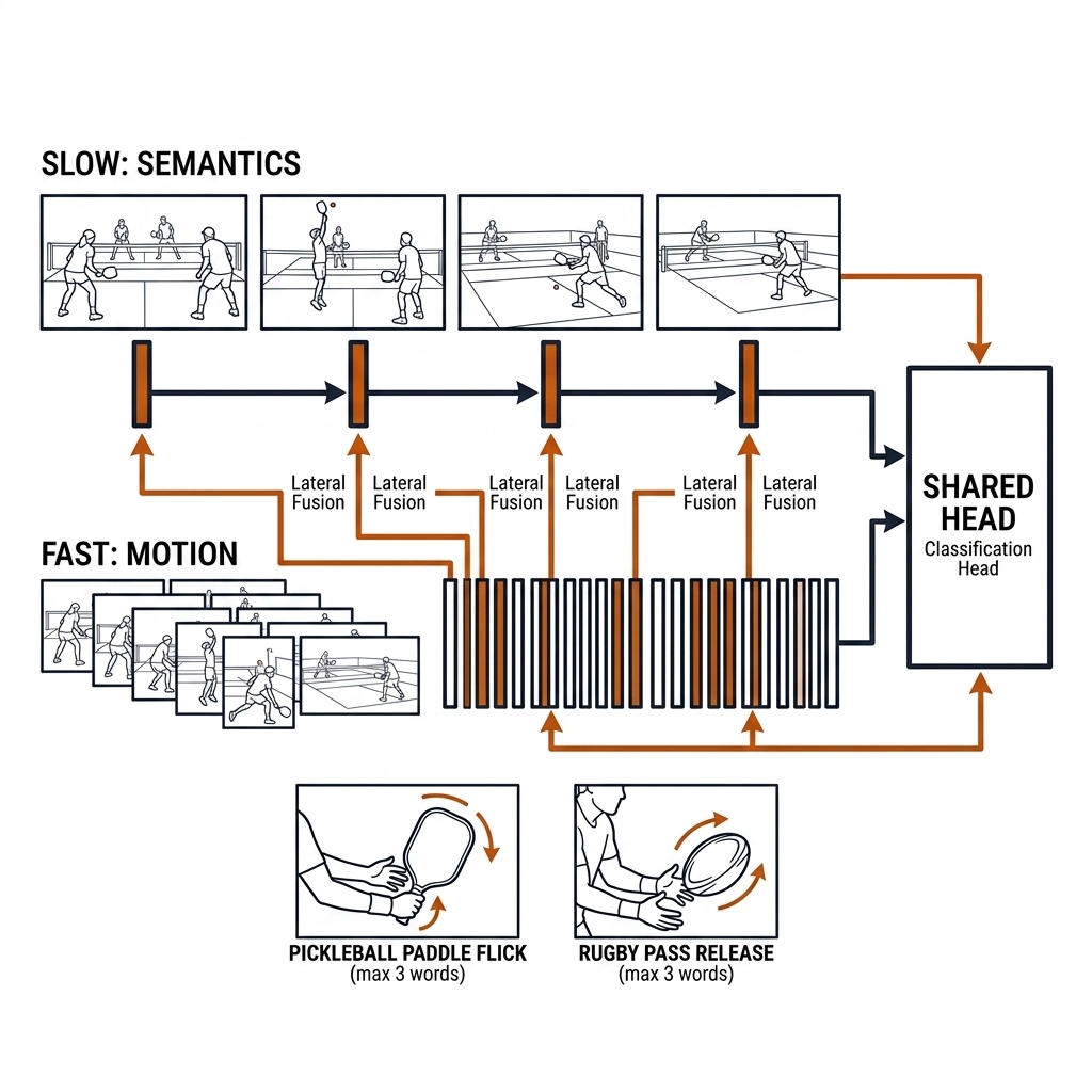 SlowFast two-pathway diagram: slow semantic stream and fast motion stream with lateral fusion into a shared classification head, with pickleball and rugby insets.
