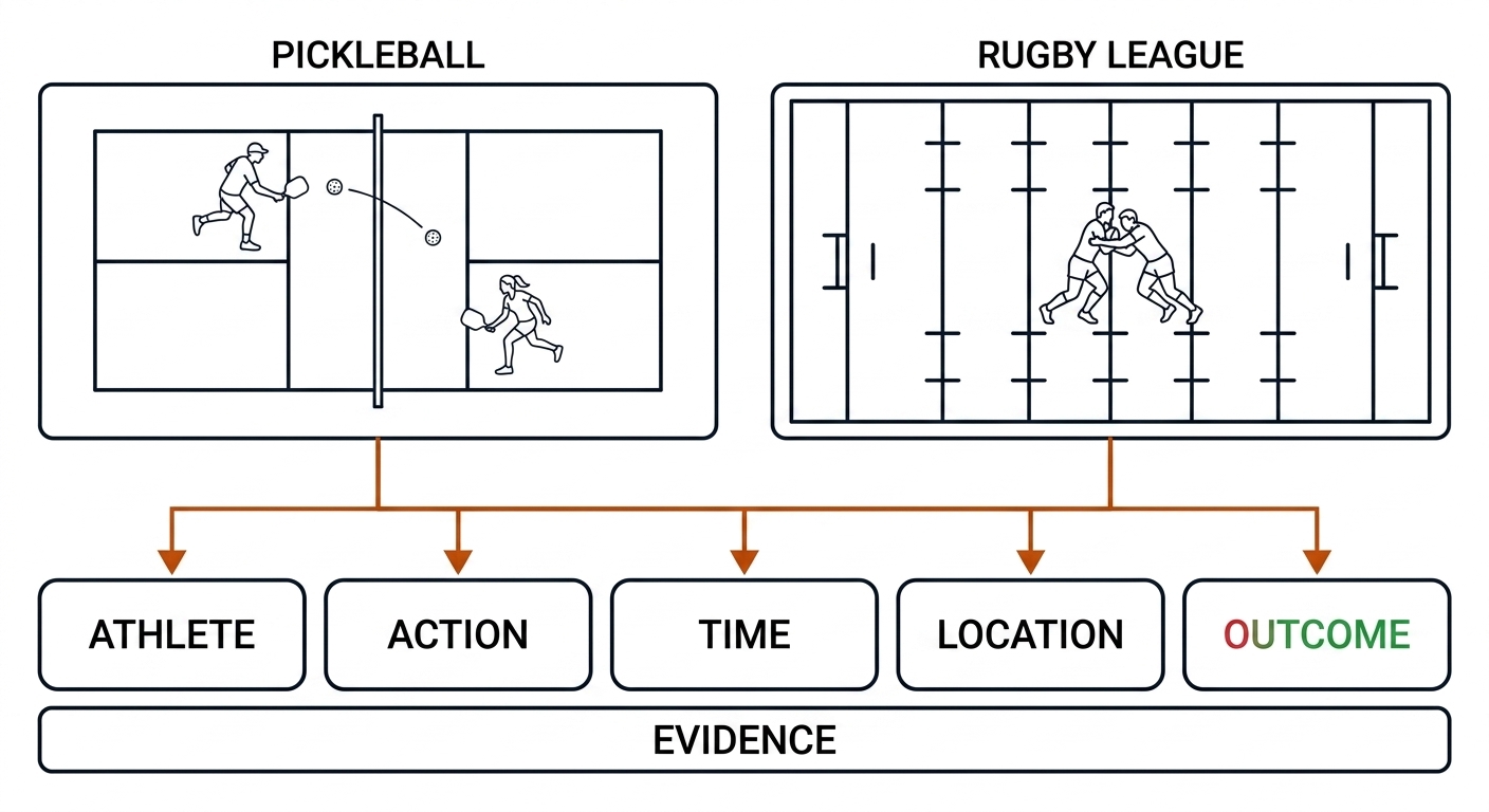 Pickleball rally panel and rugby league tackle panel both converging via arrows into one shared row of five boxes: athlete, action, time, location, outcome, with an evidence bar beneath.